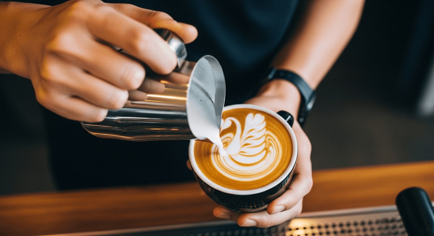 Draufsicht auf einen Barista, der Latte Art mit einem Schwanenmotiv kreiert, mit einem Edelstahlkännchen und einer Espressotasse, weiches, natürliches Licht.