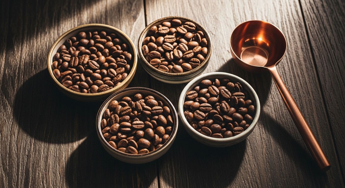 Guide für Custom Coffee: Verschiedene Kaffeebohnensorten in Schalen auf einem Holztisch für personalisierten Kaffeegenuss.