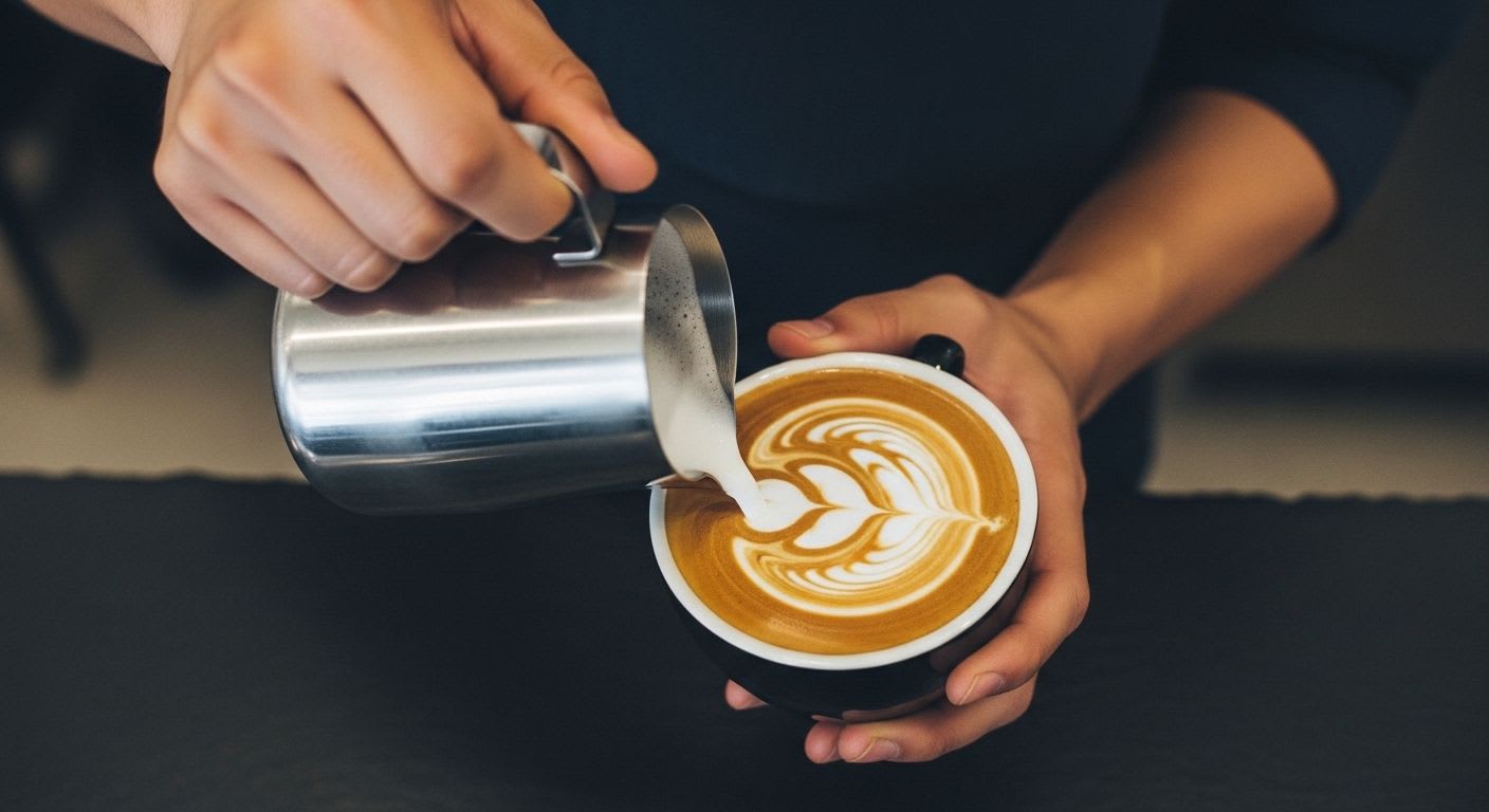 Guide für Custom Coffee: Barista gießt kunstvolle Latte Art mit einer Milchalternative in eine Tasse für personalisierten Kaffeegenuss.