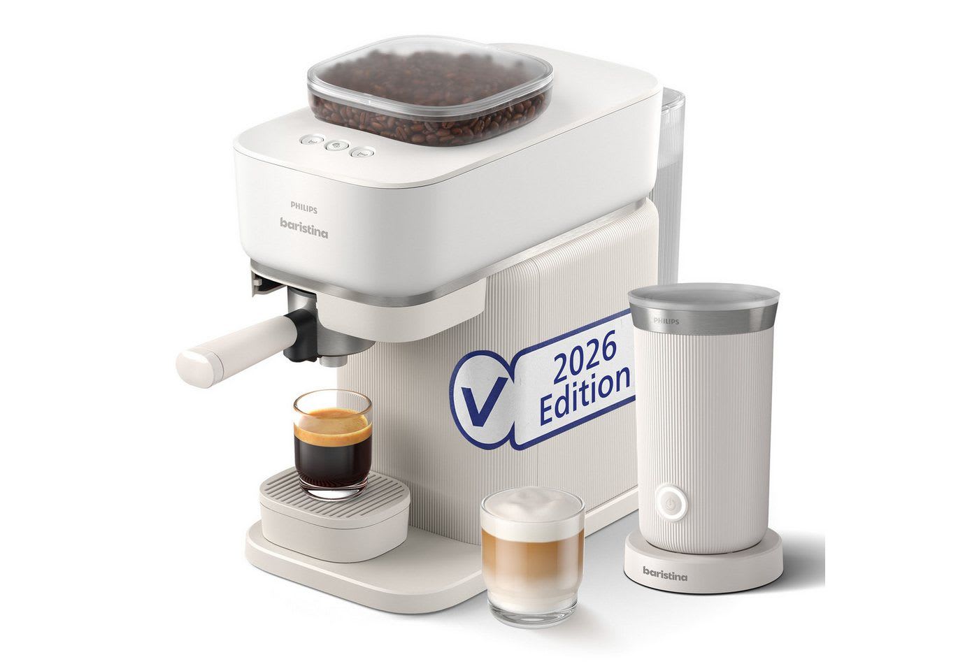 PHILIPS baristina Espressomaschine BAR308/00 mit Mahlwerk für ganze Bohnen, Milchaufschäumer inkl., 16 bar Pumpendruck, Naturweiß​