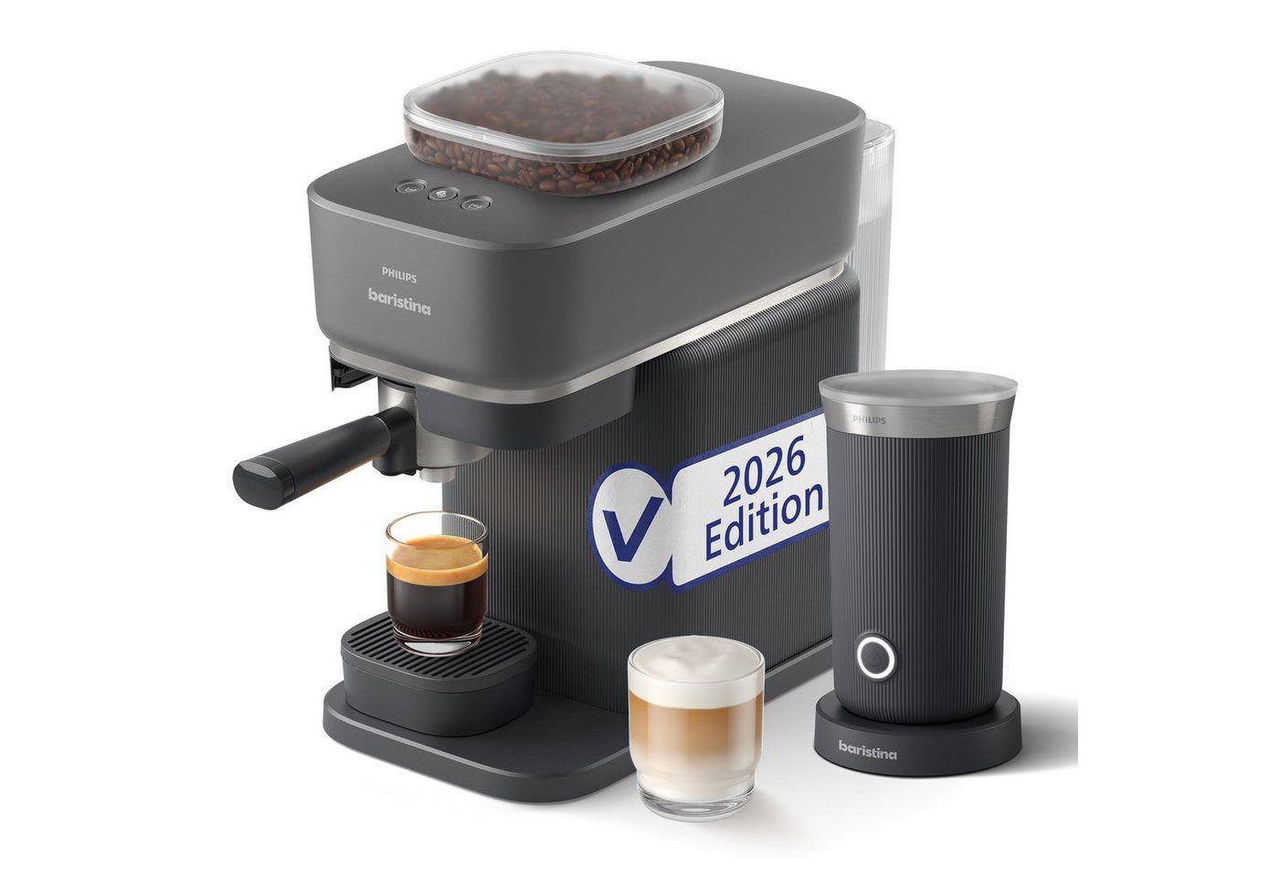 PHILIPS baristina Espressomaschine BAR308/60 mit Mahlwerk für ganze Bohnen, Milchaufschäumer inkl., 16 bar Pumpendruck, Schwarzgrau