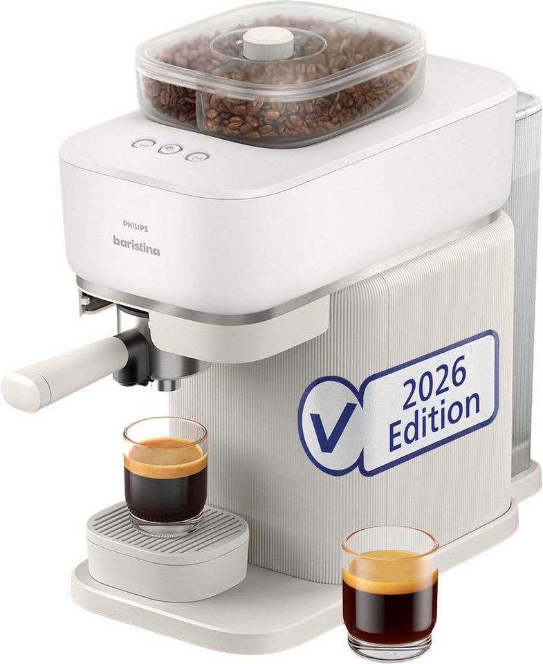PHILIPS baristina Espressomaschine mit Bean swap BAR320/00 mit Mahlwerk für ganze Bohnen, Doppelter Bohnenbehälter, 16 bar Pumpendruck, Naturweiß
