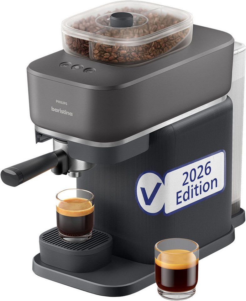PHILIPS baristina Espressomaschine mit Bean swap BAR320/60 mit Mahlwerk für ganze Bohnen, Doppelter Bohnenbehälter, 16 bar Pumpendruck, Schwarzgrau