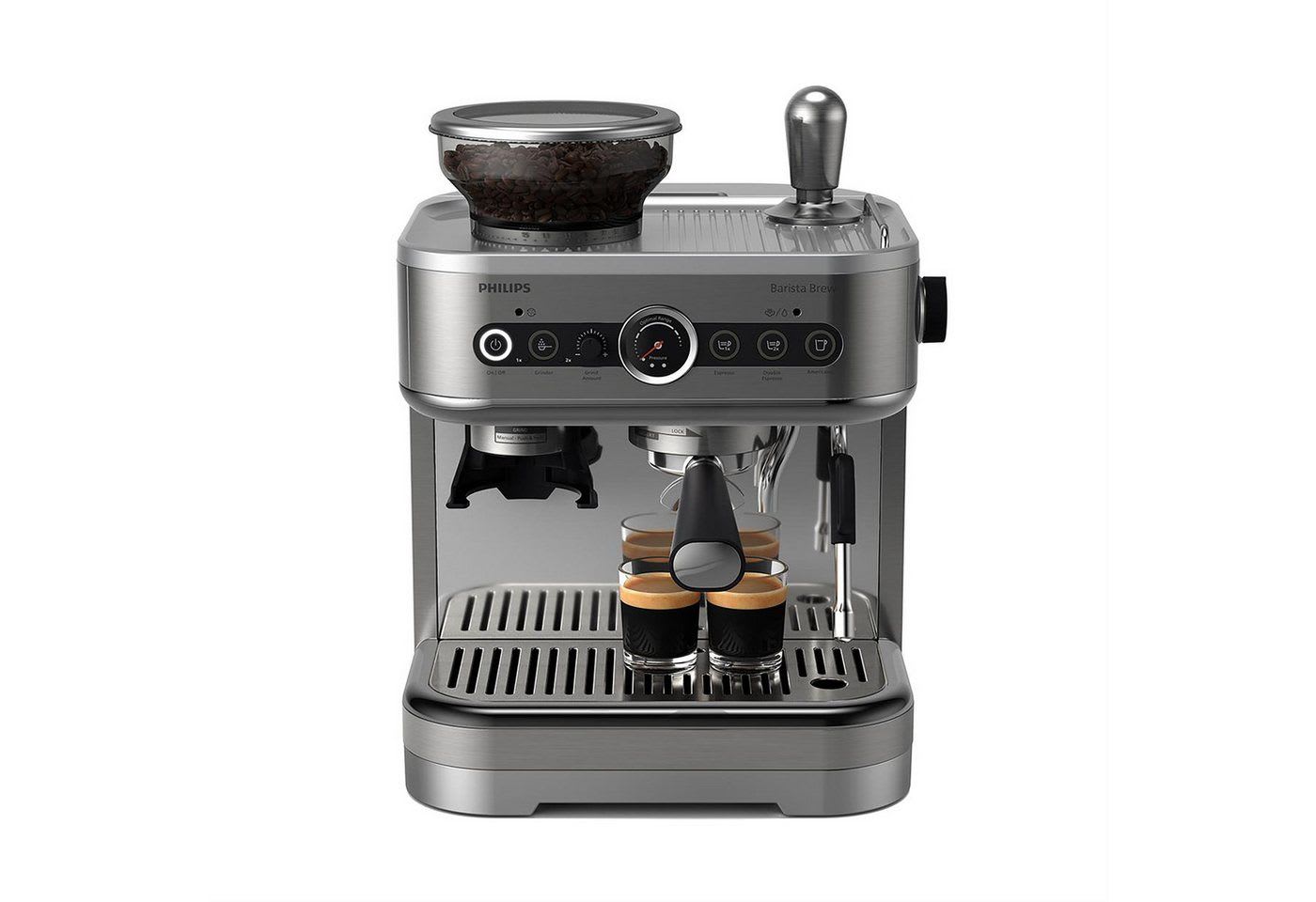 Philips Espressomaschine PSA3218/01 Barista Brew, halbautomatisch, mit 250-g-Bohnenbehälter, Korbfilter, Siebträger und Milchkanne aus Edelstahl, Silber silberfarben