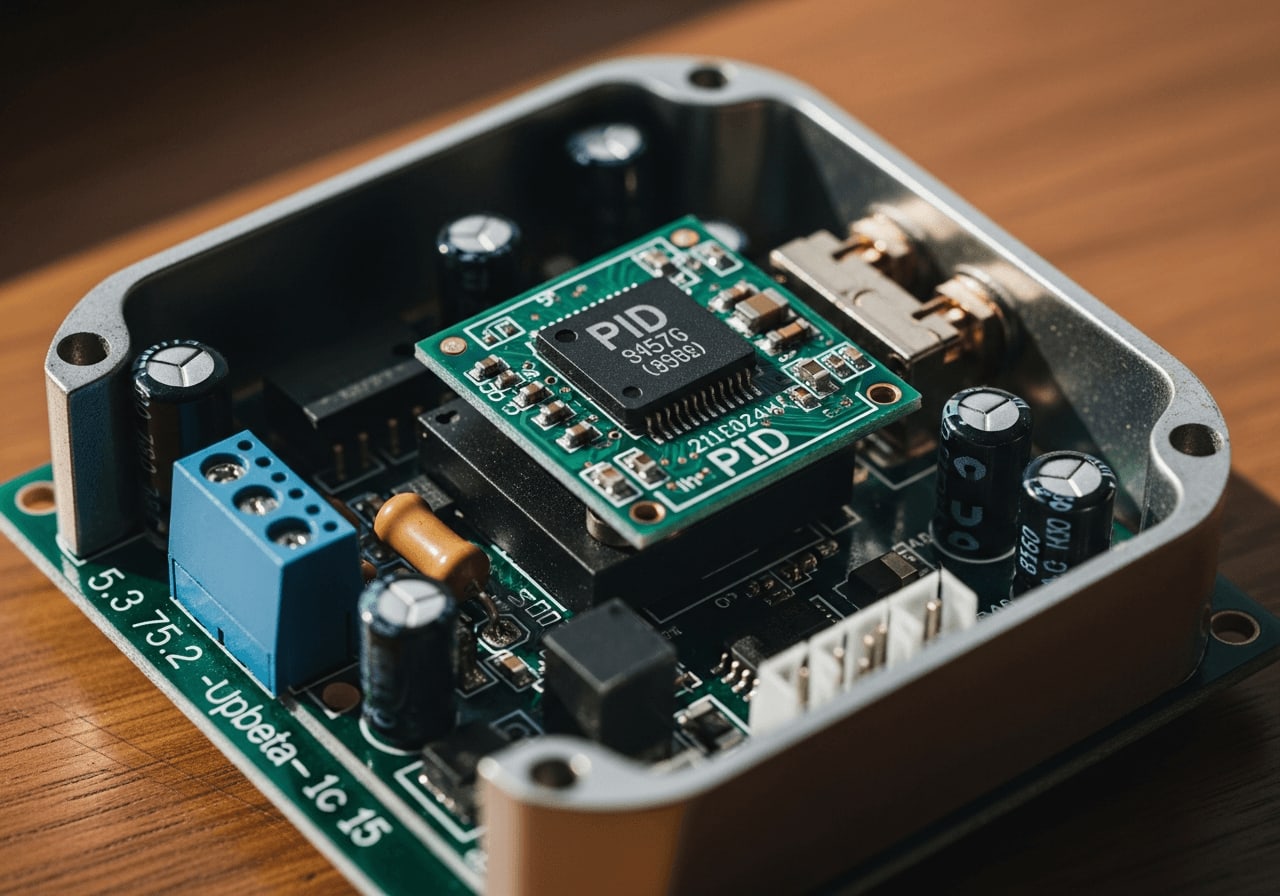 Interne Komponenten eines PID-Controller-Moduls, Nahaufnahme, elektronische Schaltkreise, Feinmechanik