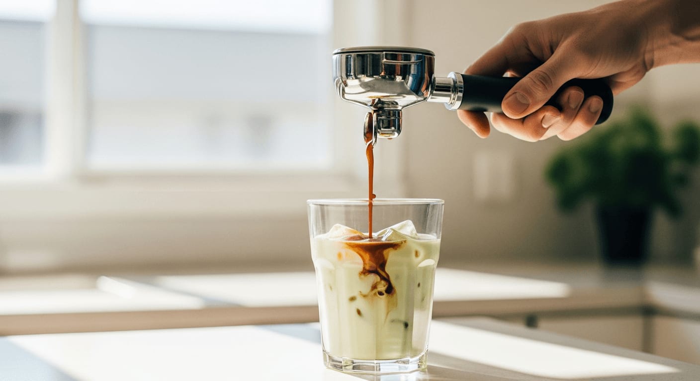 Espresso wird in ein Glas Pistazienmilch über Eis gegossen, Kaffeespritzer, heller Küchenhintergrund.