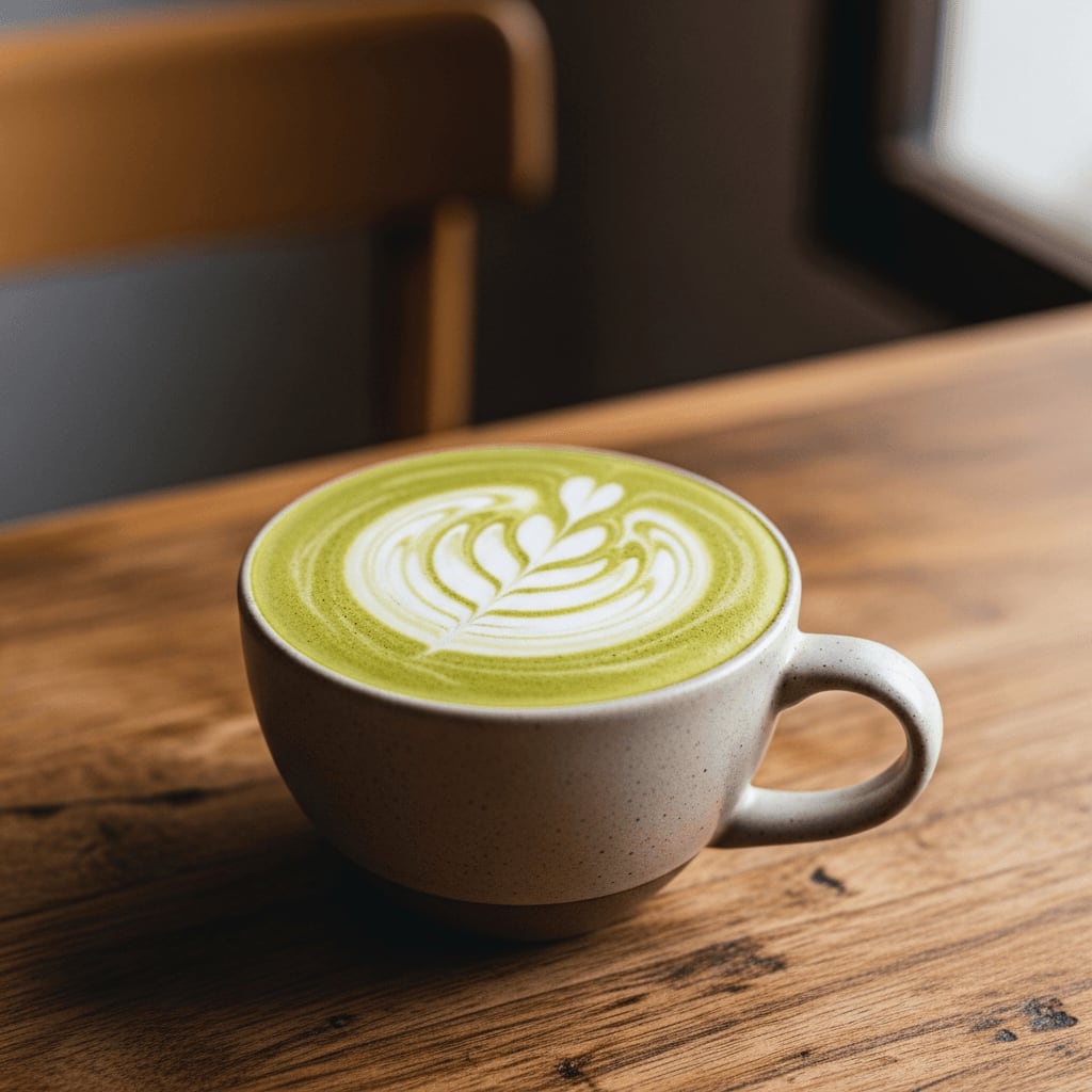 Pistazien-Latte mit einem Wirbel aus Pistaziencreme, serviert in einer Keramiktasse, rustikaler Café-Hintergrund.