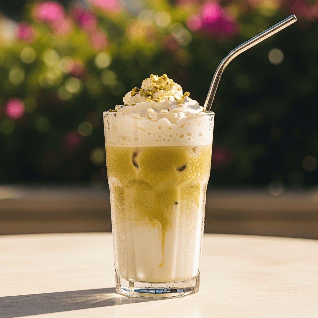 Eisgekühlter Pistazien-Latte in einem hohen Glas mit Strohhalm, Kondensation auf dem Glas, heller Sommerhintergrund.