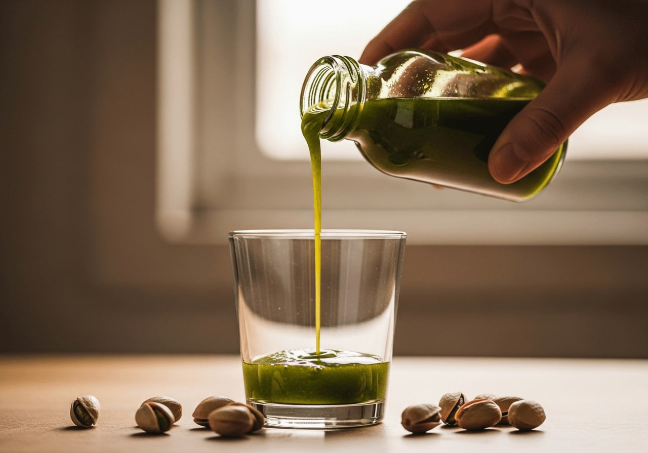 Nahaufnahme von jemandem, der selbstgemachten Pistaziensirup aus einer kleinen Glasflasche in ein Glas gießt, Pistazien verstreut.