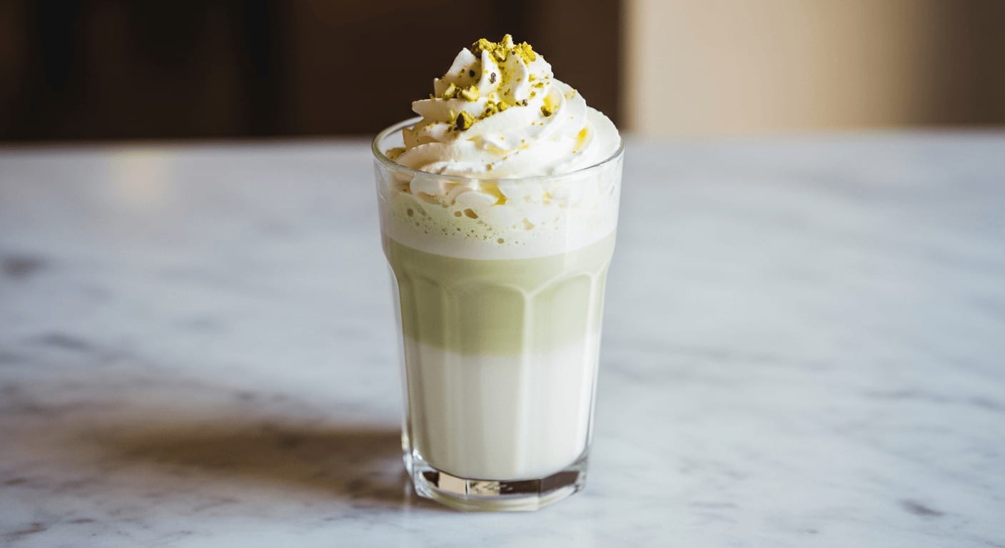 Eleganter Pistazien-Latte in einem hohen Glas, garniert mit Schlagsahne und zerstoßenen Pistazien, auf einer Marmorarbeitsplatte.