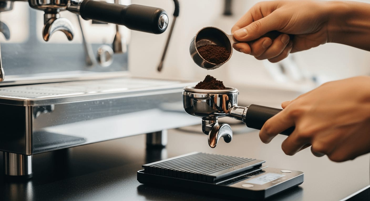 Close-up of a barista's hands carefully dosing coffee grounds into a portafilter using a digital scale, with a sleek stainless steel espresso machine in the background, shallow depth of field