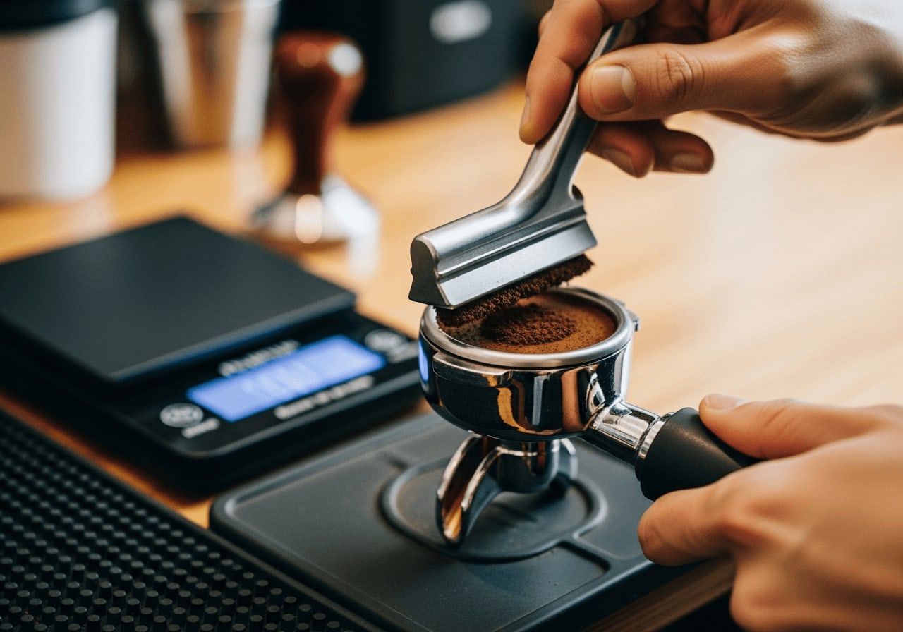 Close-up of a barista using a leveling tool to evenly distribute coffee grounds in a portafilter before tamping, with a scale visible in the background