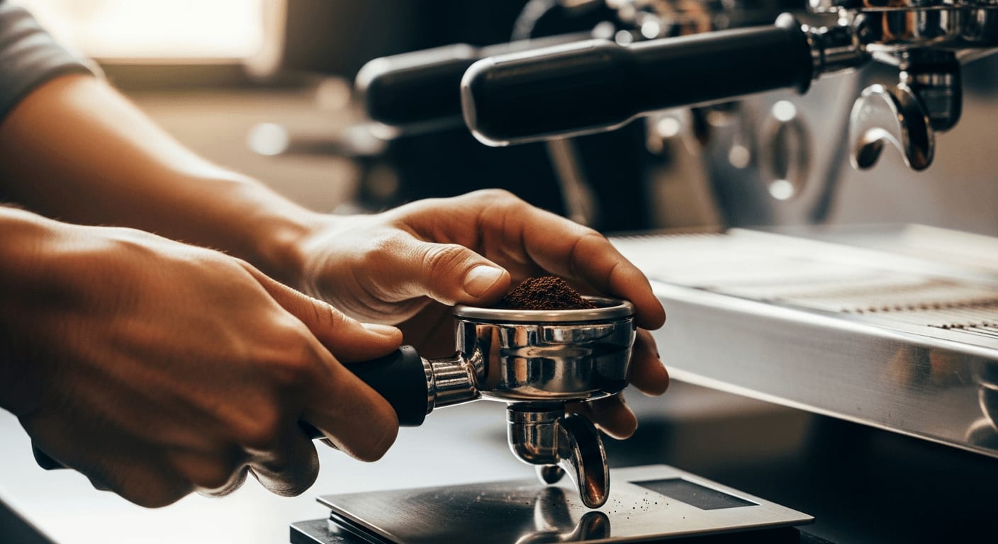 Barista dosiert Kaffee in Siebträger, Espressomaschine