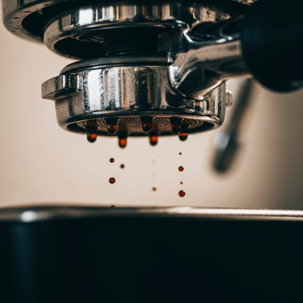 Erste dunkle Espressotropfen sammeln sich gleichmäßig am bodenlosen Siebträger nach der Vorbenetzung.