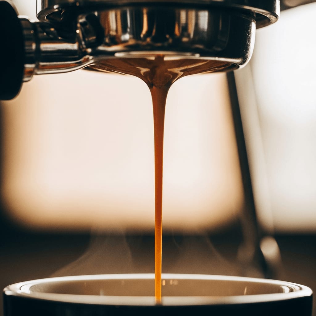 Perfekte Espresso-Extraktion durch Pre-Infusion mit einem dicken, sirupartigen Strahl aus dem bodenlosen Siebträger.