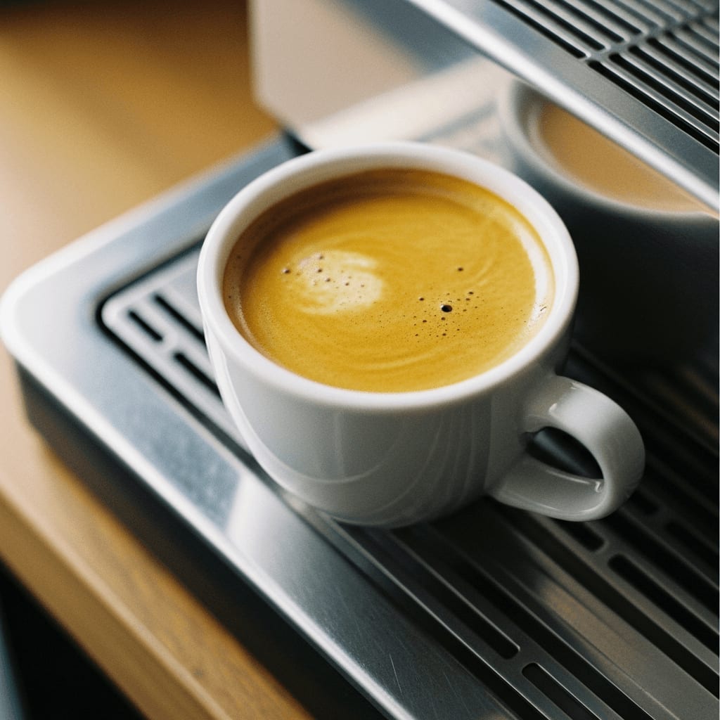 Espressotasse füllt sich mit dunklem Espresso und dichter, goldbrauner Crema nach erfolgreicher Pre-Infusion.