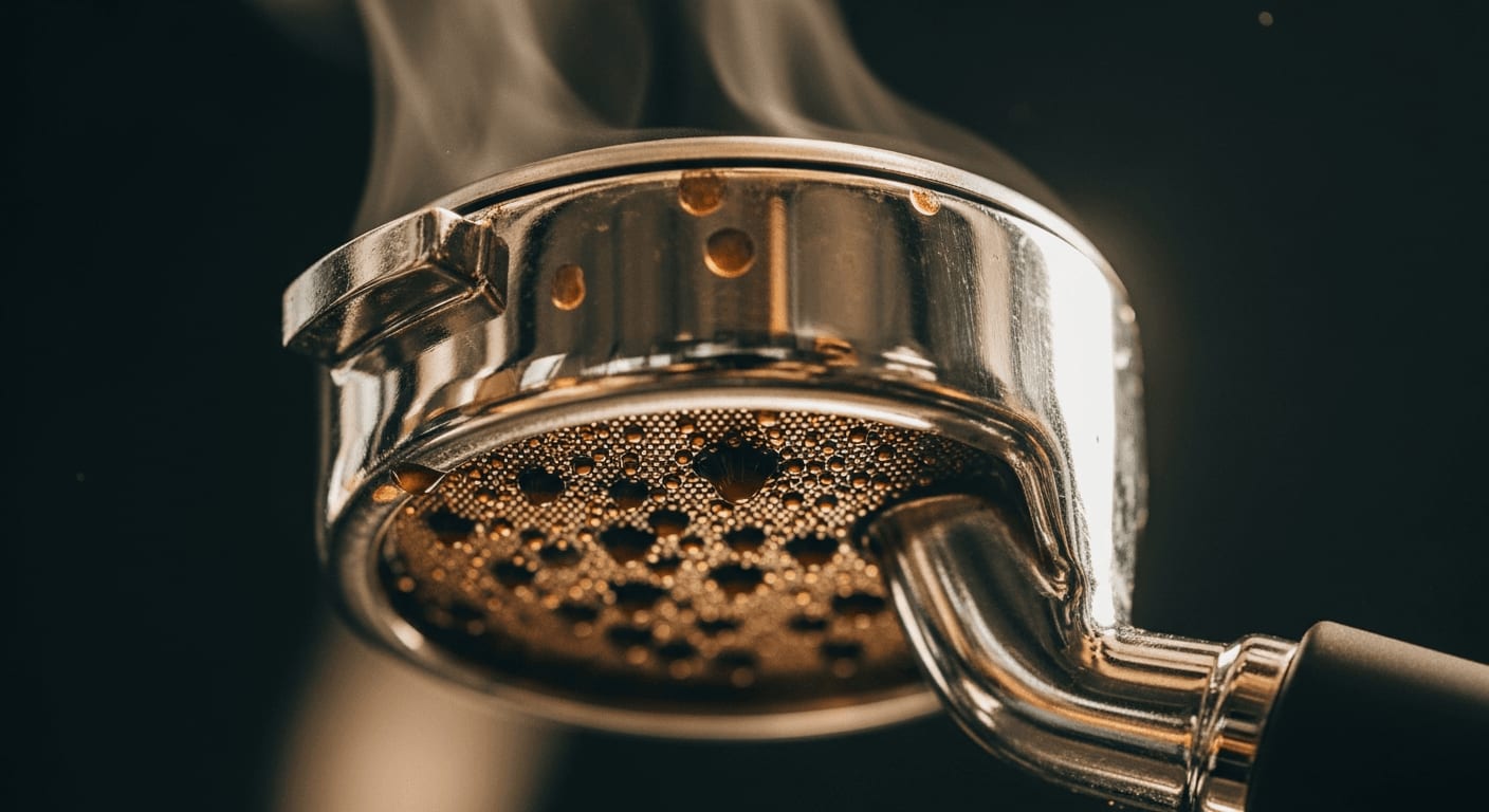 Pre-Infusion beim Espresso: Erste Kaffeetropfen bilden sich langsam am Siebträger der Espressomaschine.