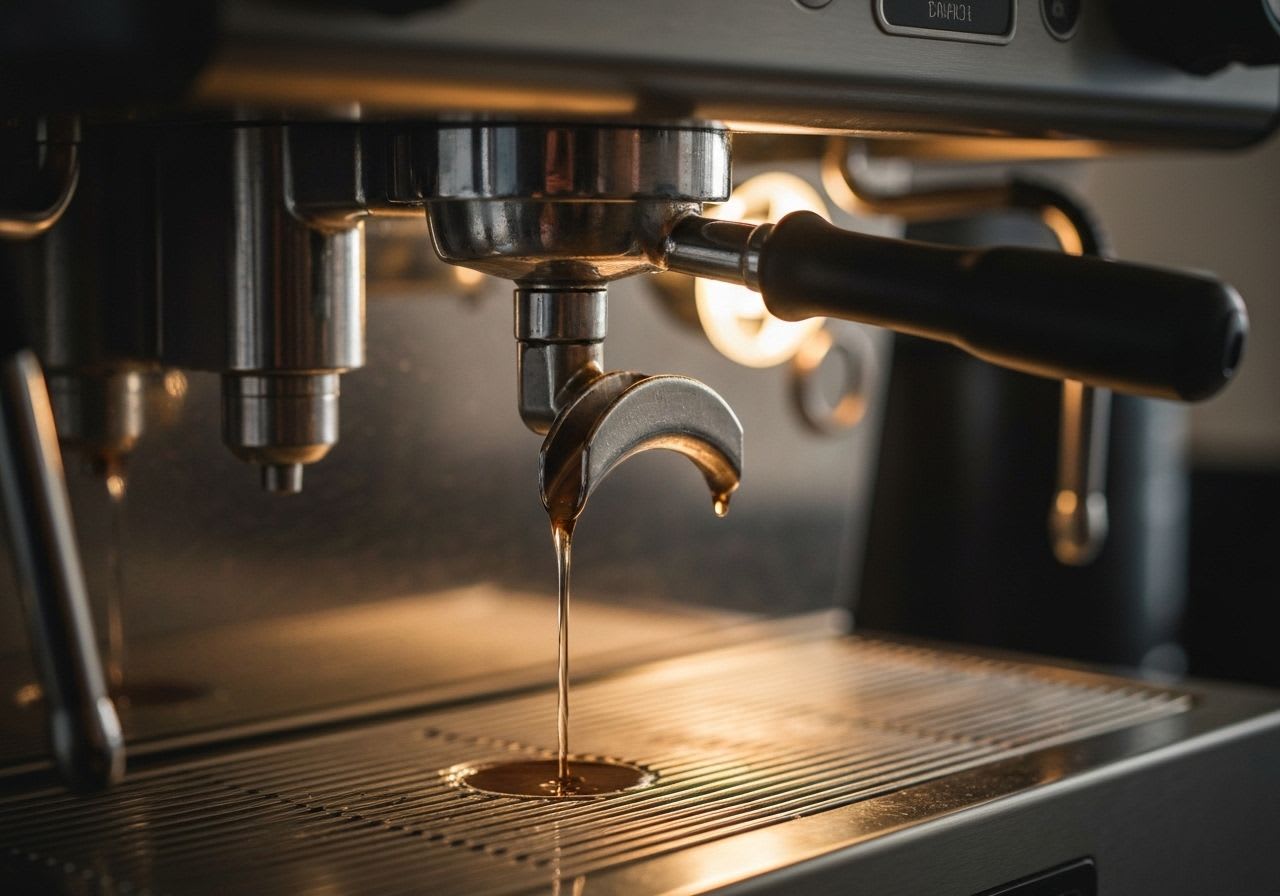 Detaillierte Nahaufnahme der Gaggia Classic Pro Brühgruppe, mit Wasser, das in einen Siebträger tropft; wichtig für den Siebträger-Kampf.