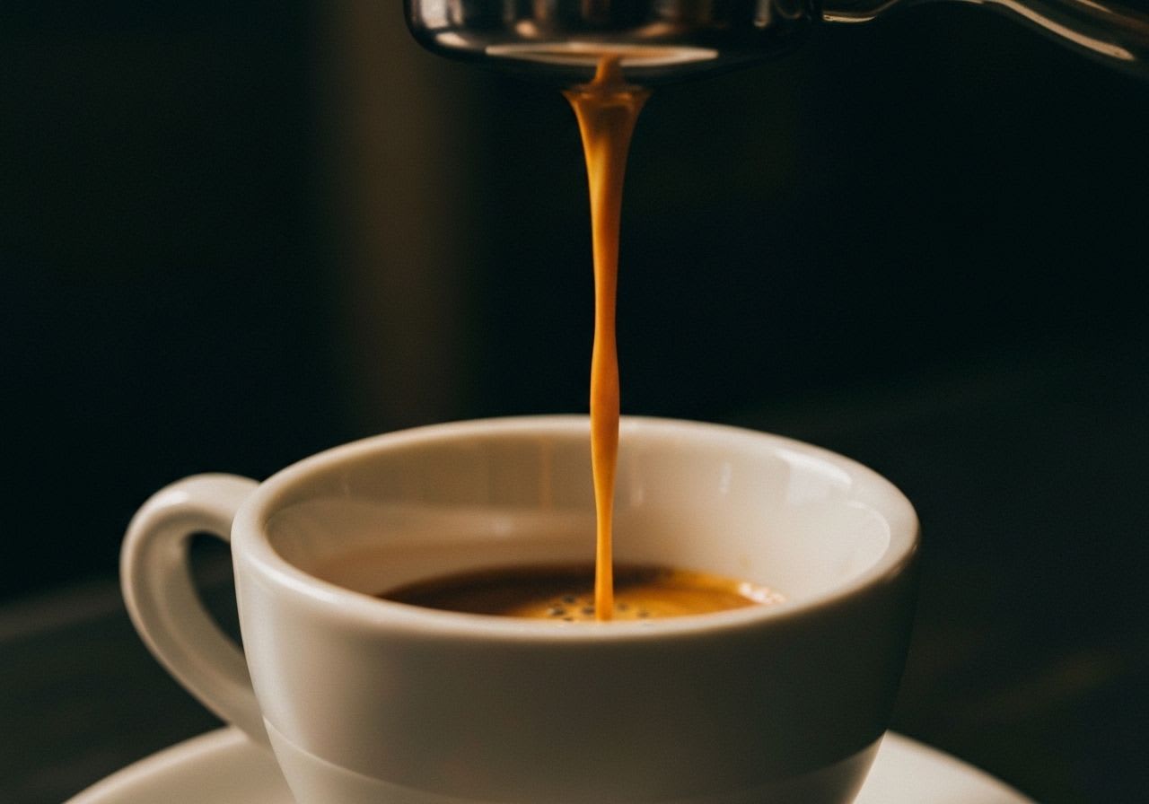 Nahaufnahme eines perfekten Espresso-Shots, der mit reichhaltiger Crema in eine Demitasse-Tasse fließt; entscheidend für den Siebträger-Kampf der Maschinen.