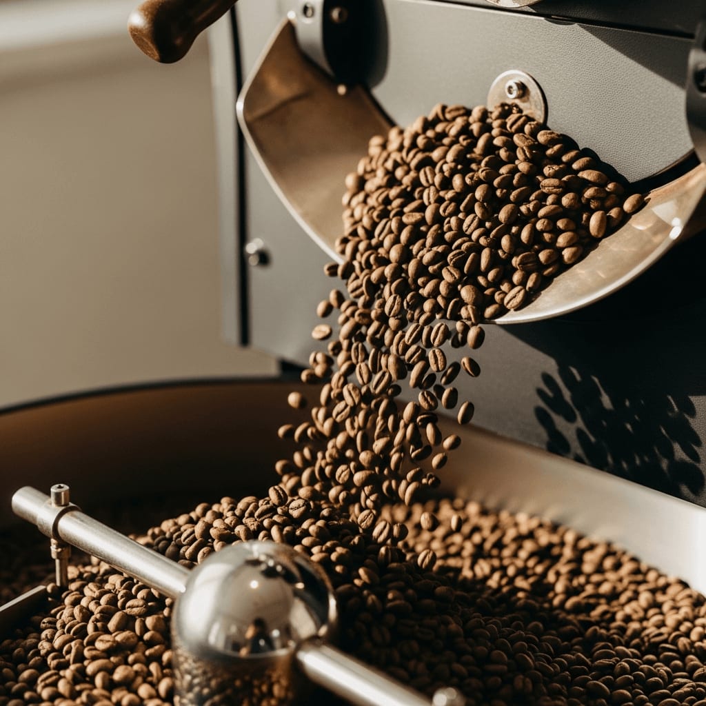 Eine Nahaufnahme von Kaffeebohnen, die in eine Röstmaschine gegossen werden.