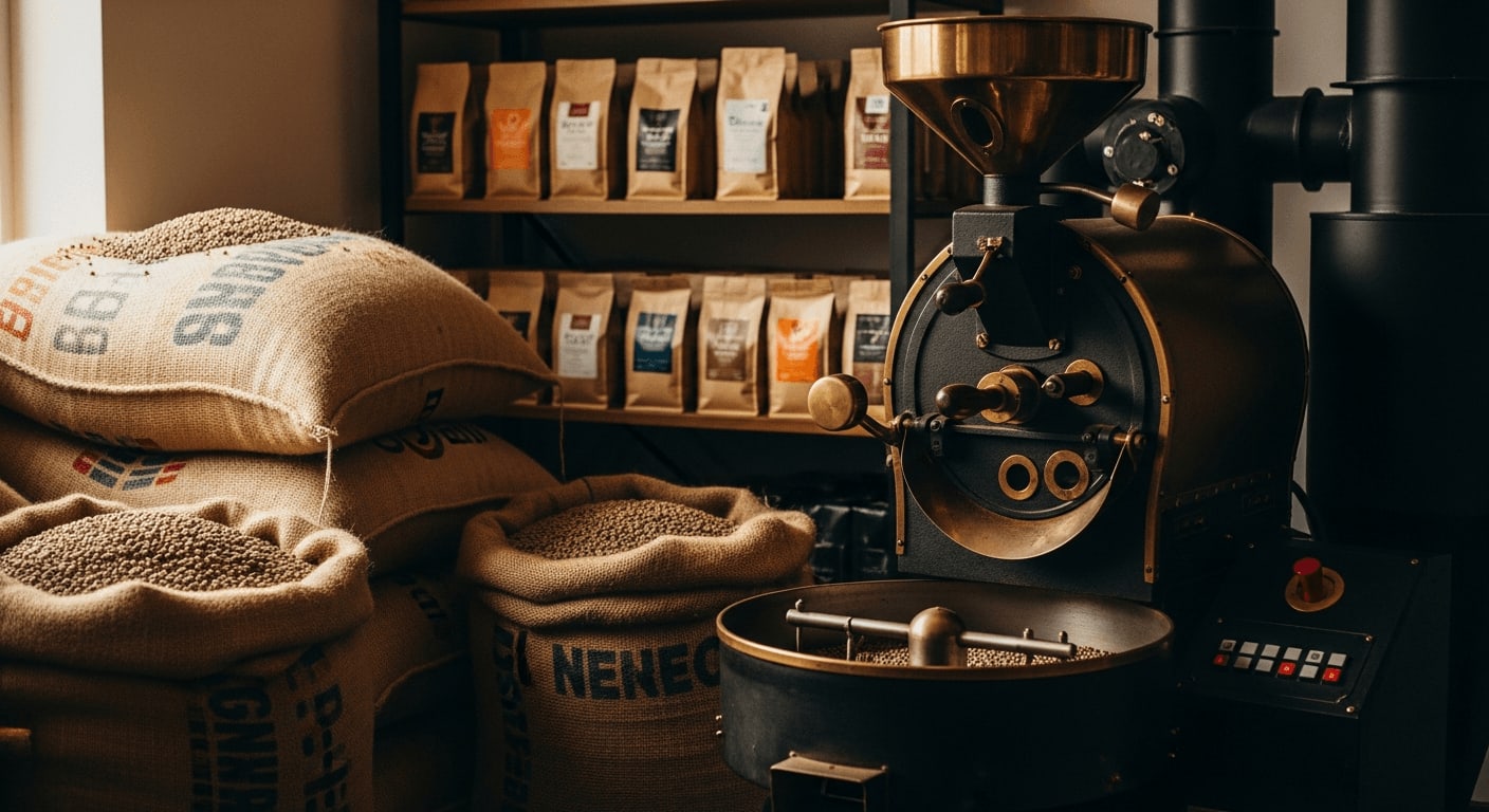 Eine gemütliche, warm beleuchtete regionale Kaffeerösterei mit Jutesäcken voller grüner Kaffeebohnen, einem Vintage-Röster und Regalen mit verpacktem Kaffee.