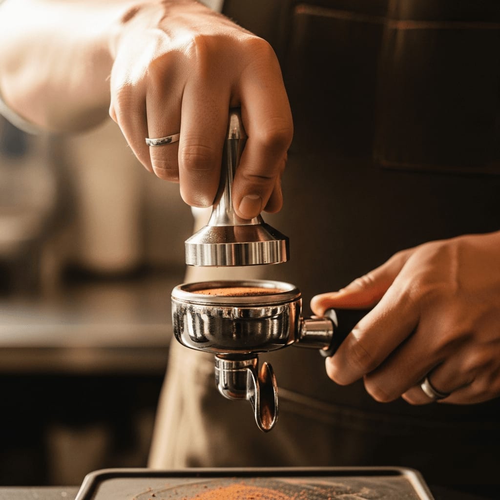 Ein Barista tampt sorgfältig Espressopulver in einem Siebträger, um die Zubereitung für eine perfekte Espresso-Extraktion zu gewährleisten.