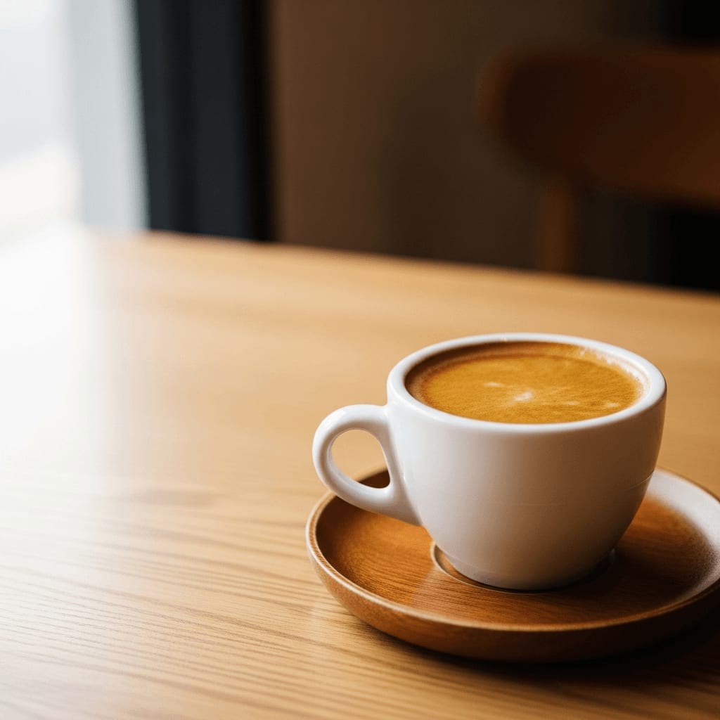 Ein perfekt gebrühter Espresso in einer weißen Keramiktasse mit reichhaltiger Crema, auf einer Holzuntertasse in einem minimalistischen Café.