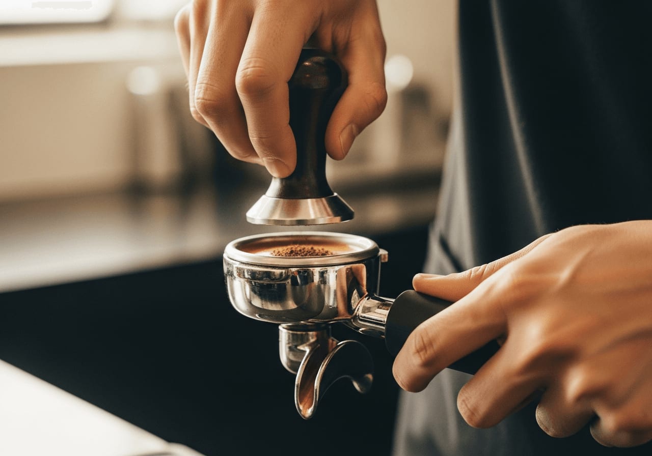 Die Hände eines erfahrenen Baristas pressen Kaffeepulver in einen Siebträger, um einen Doppio zuzubereiten.
