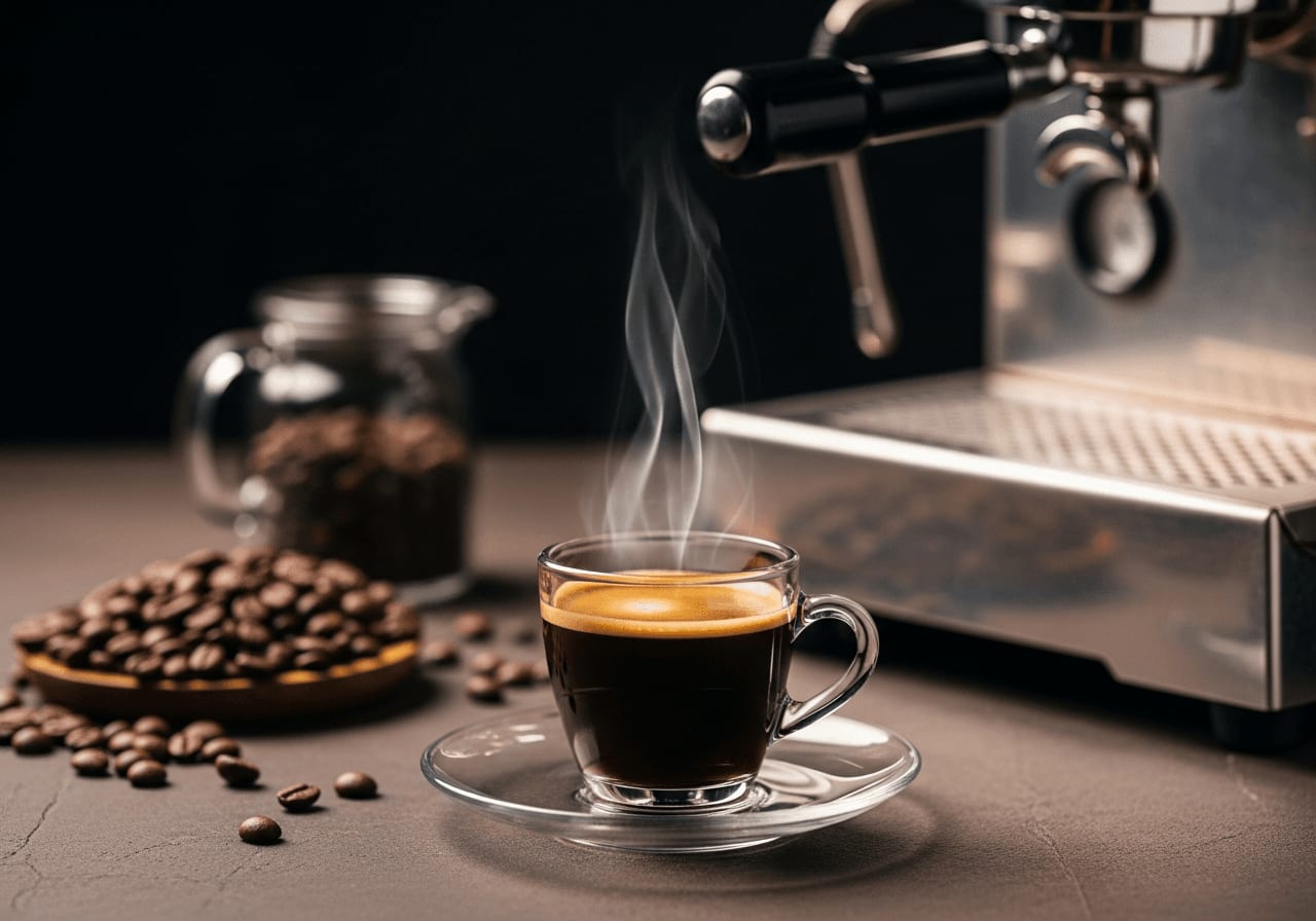 Ein kleiner, dunkler Ristretto in einer Demitasse-Tasse, sanft aufsteigender Dampf, mit einem unscharfen Hintergrund aus Kaffeebohnen und einer Vintage-Espressomaschine.
