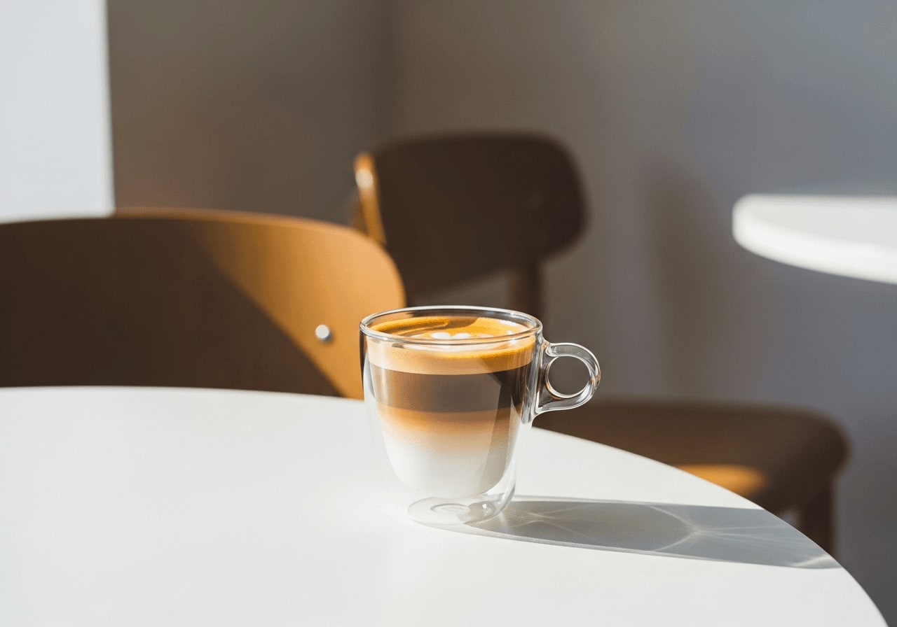 Ein Lungo-Kaffee, heller als ein Espresso, in einer klaren Glastasse, die Schichten der Extraktion zeigend, auf einem minimalistischen weißen Tisch.