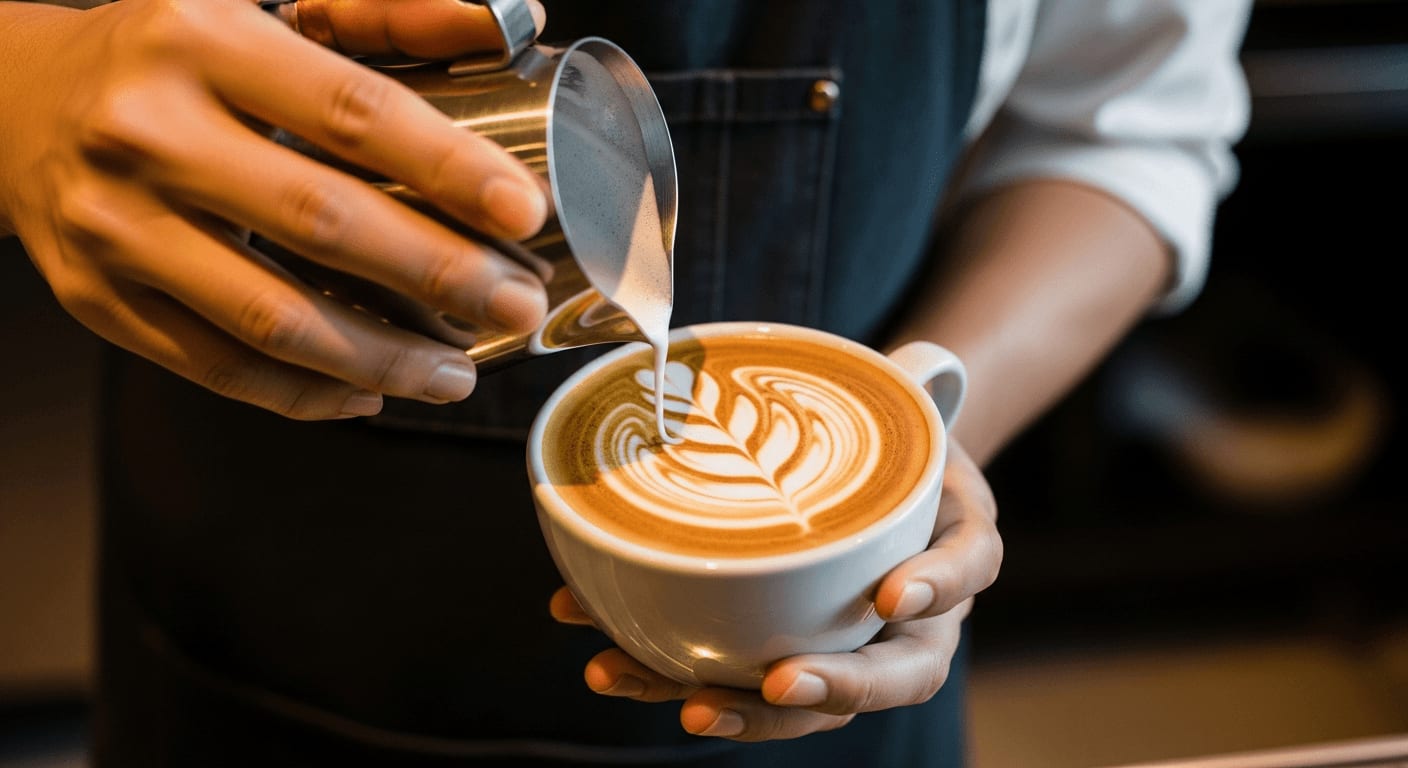 Nahaufnahme eines Barista, der in der Rösterei Vier gekonnt Latte Art in einen Cappuccino gießt, weicher Fokus im Hintergrund