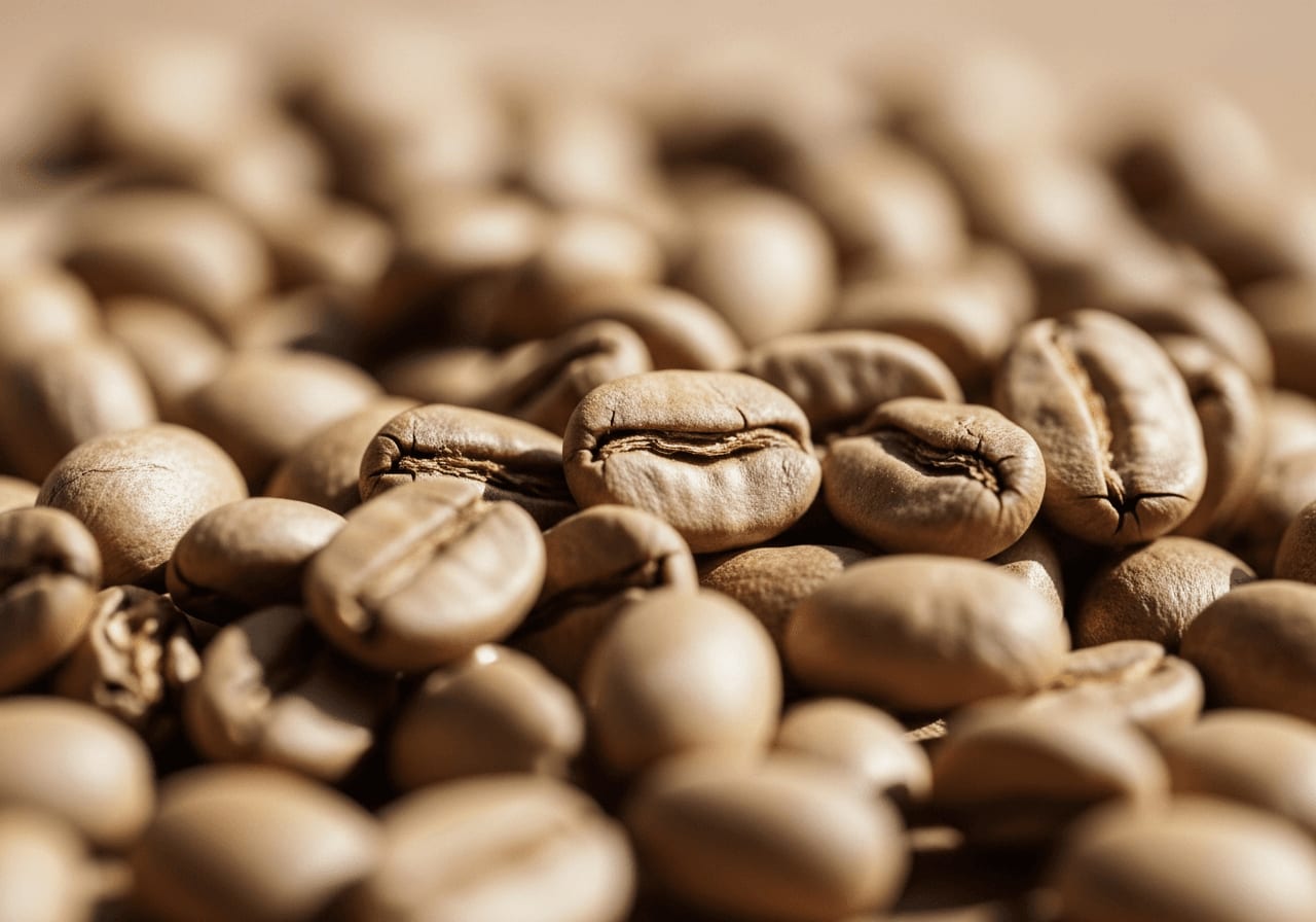 Nahaufnahme von hell gerösteten Kaffeebohnen, natürliches Licht, geringe Schärfentiefe