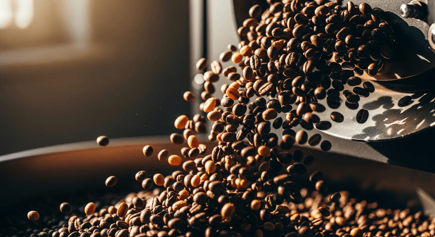 Kaffeebohnen in verschiedenen Röstgraden fallen aus einer Röstmaschine