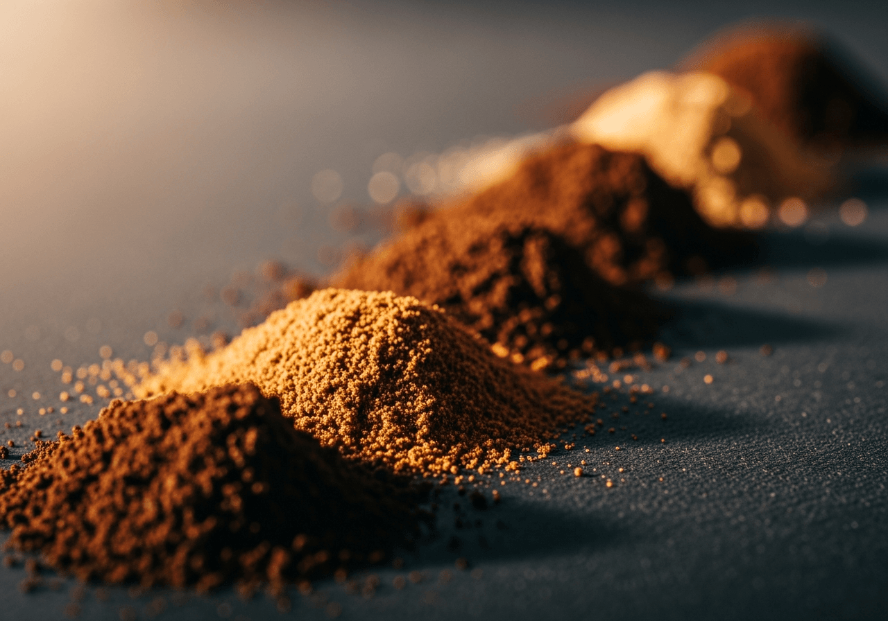 Close-up of coffee grounds with varying degrees of fineness, macro lens