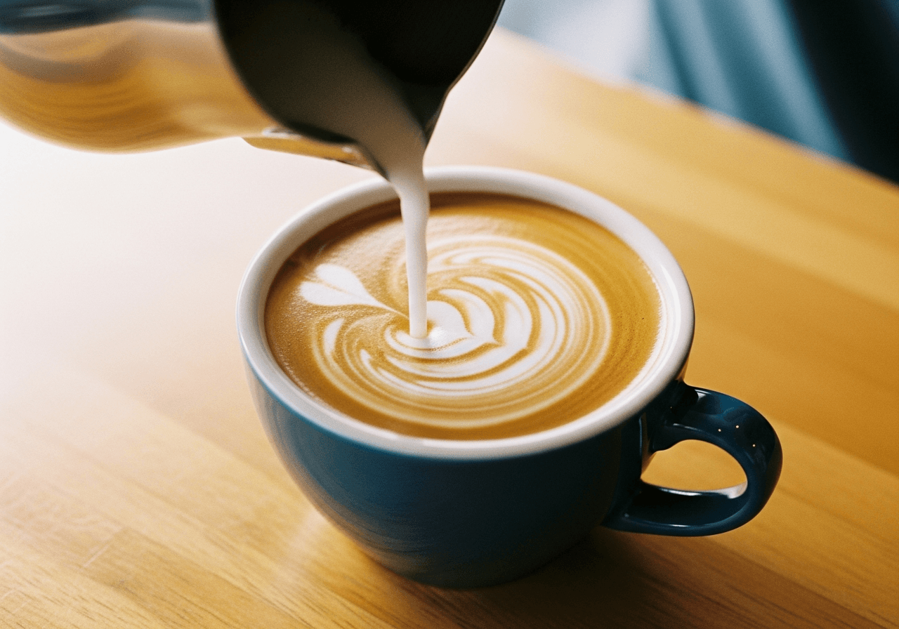 Latte art being poured into a cup of espresso made with dark roast coffee, warm lighting