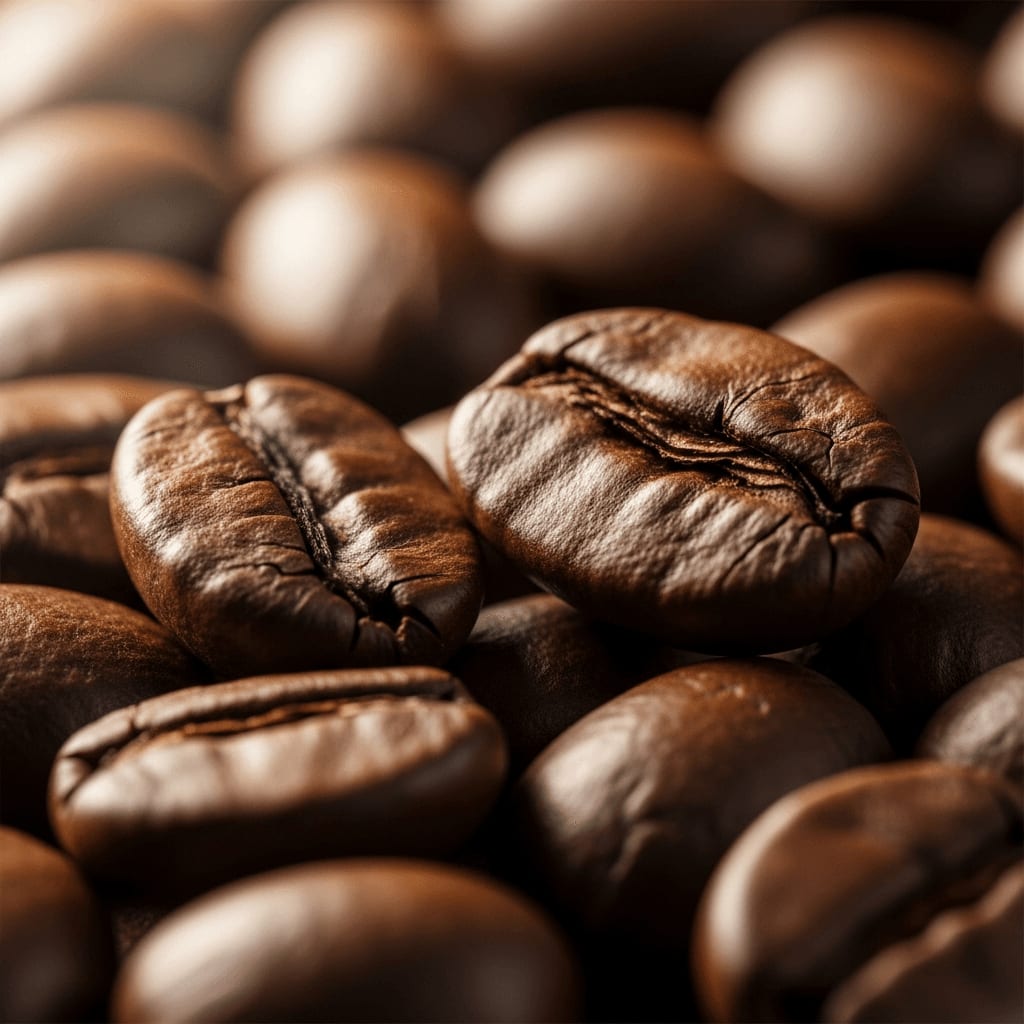 Nahaufnahme von dunkel gerösteten Kaffeebohnen, die ihre Farbe und Textur hervorheben