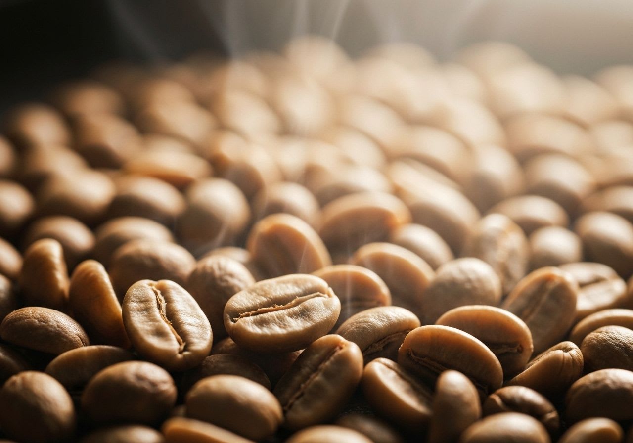 Makroaufnahme von grünen Kaffeebohnen, die während der Röstung in hellbraun übergehen, zeigt Maillard-Reaktion für Süße.