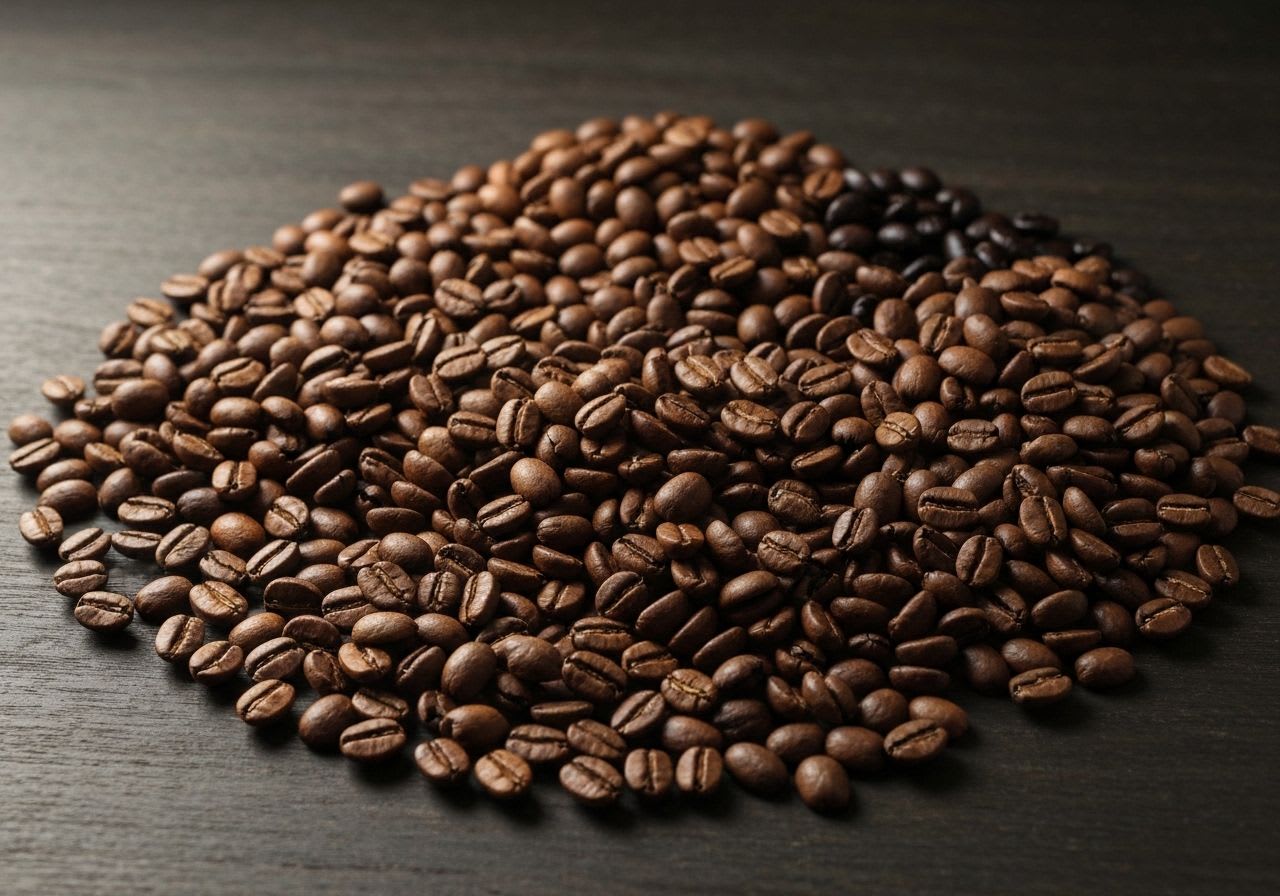 Vielfältige Kaffeebohnen, die verschiedene Röstgrade von hell bis dunkel zeigen, auf Holzoberfläche für Röstprofile.