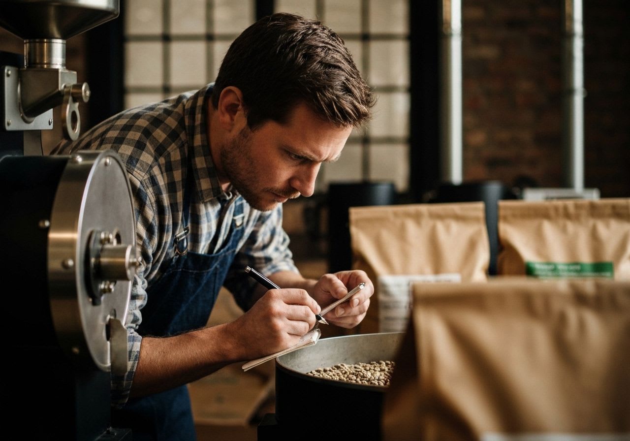 Ein erfahrener Kaffeeexperte konzentriert sich auf die Überwachung eines Kleinchargen-Kaffeerösters, ein Handwerk der Röstung.