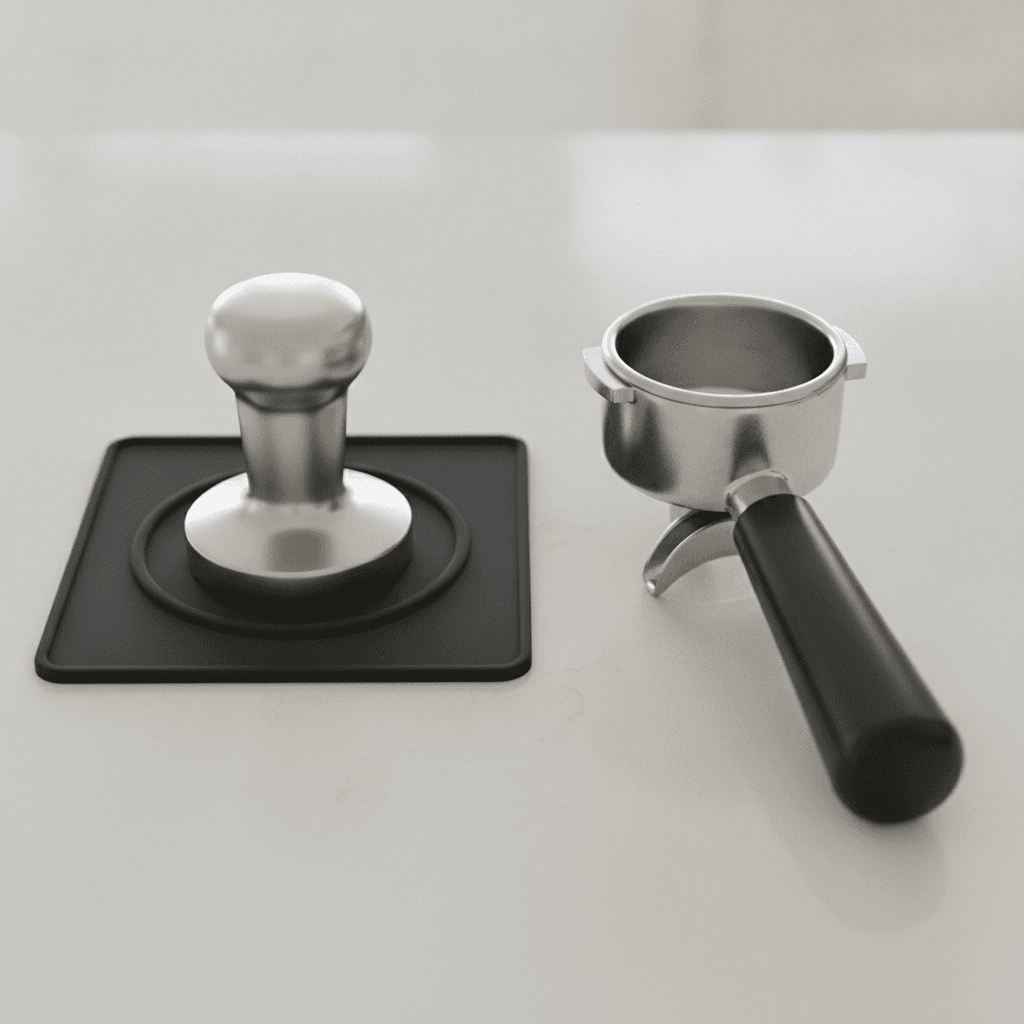 Tamper und Siebträger auf einer Kaffeematte
