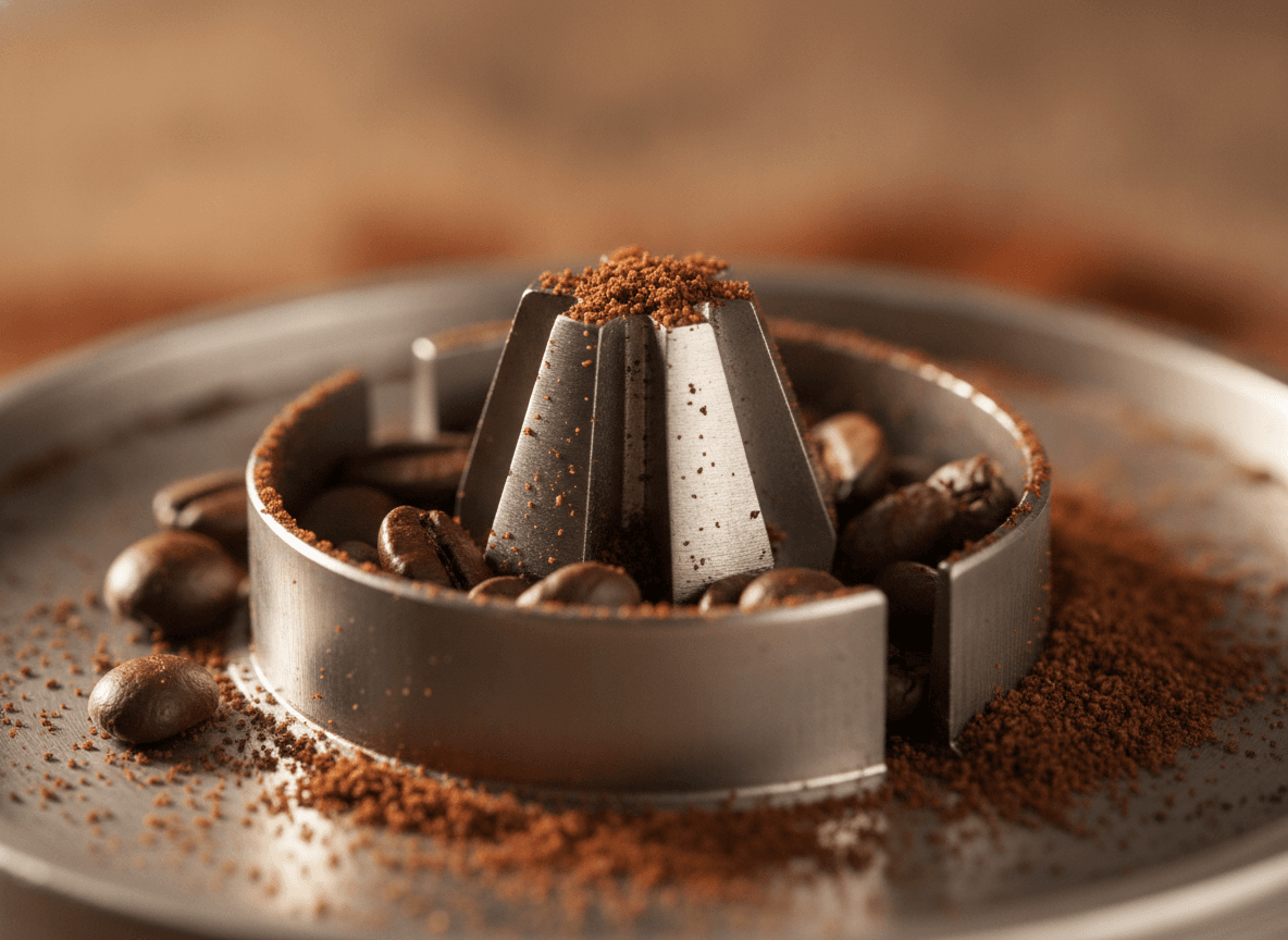 Mahlscheiben mit Kaffeebohnen und Kaffeemehl