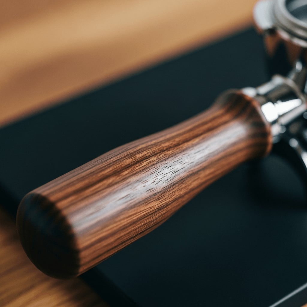 Pflegeleichte Siebträger-Griff-Materialien: Detailaufnahme eines dunkelbraunen Walnussholz-Griffes mit eleganter Maserung.