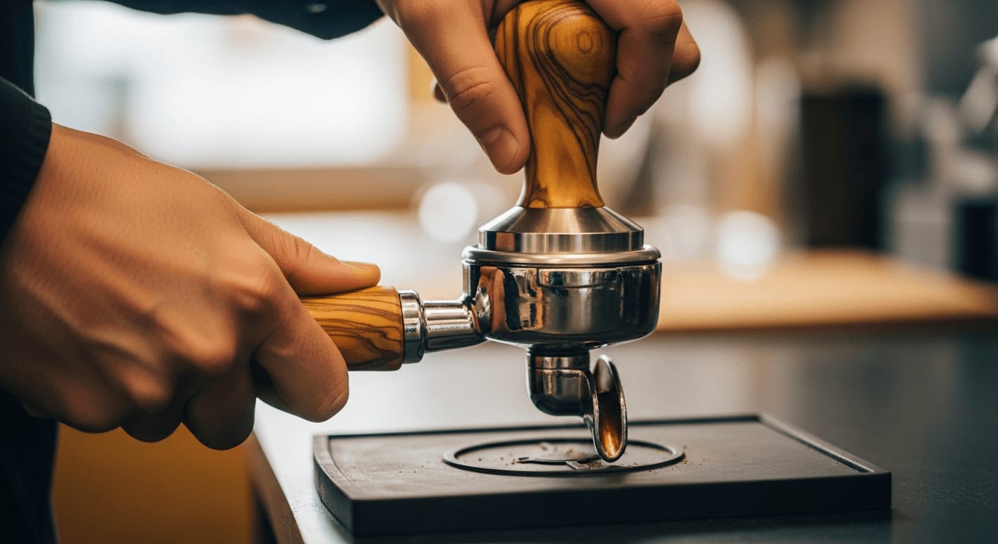 Ergonomie beim Tampen: Barista greift einen Siebträger mit Olivenholz-Griff auf einer Matte bei der Espresso-Zubereitung.