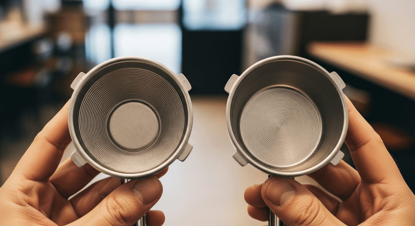 Zwei Espresso-Siebe in Händen zeigen den Unterschied zwischen einem Ridged-Siebträger-Korb und einem glatten Ridgeless-Sieb.