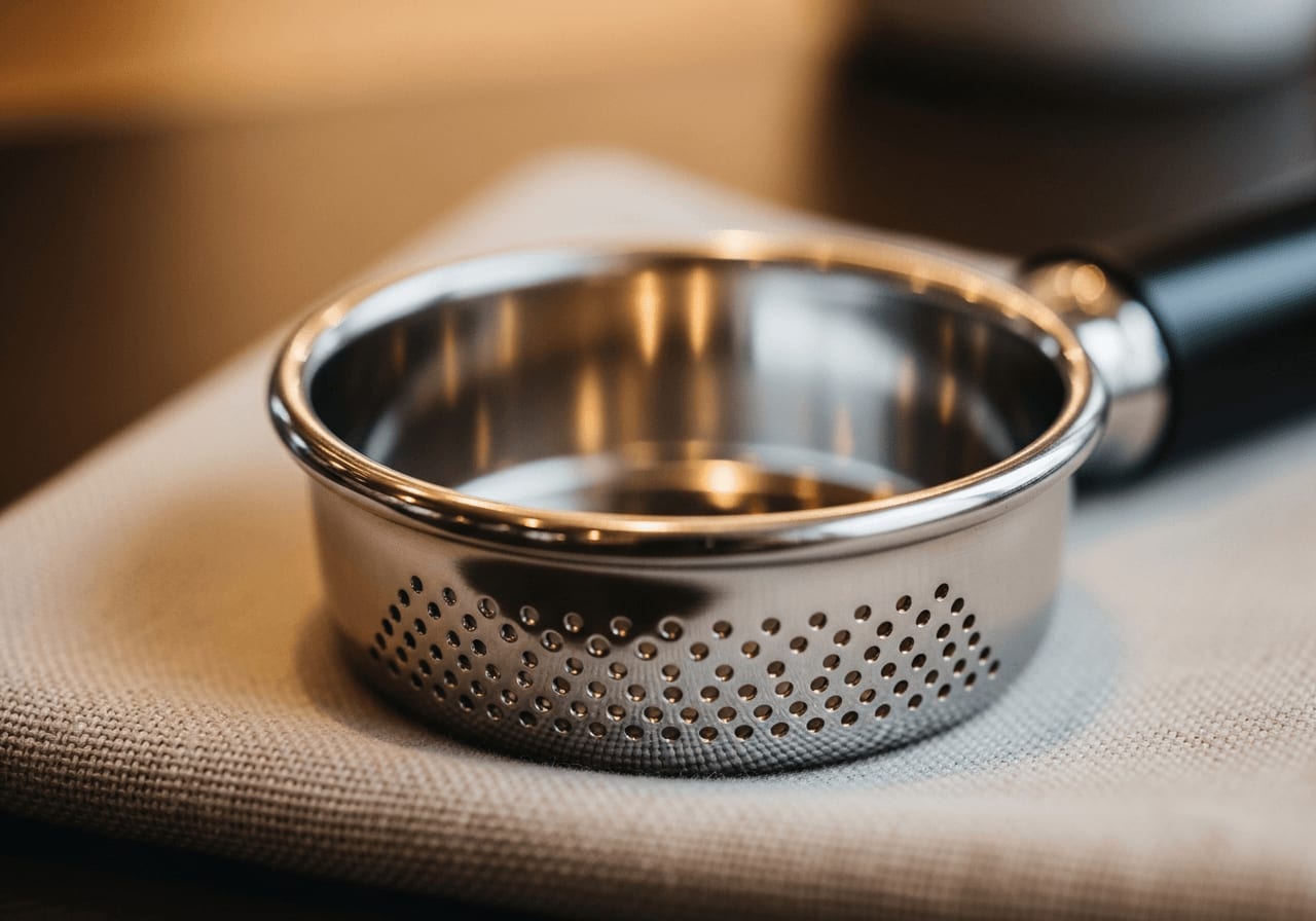 Perfekt gereinigtes Ridgeless-Präzisionssieb mit glatten Innenwänden auf einer Leinen-Serviette in warmem Café-Licht.