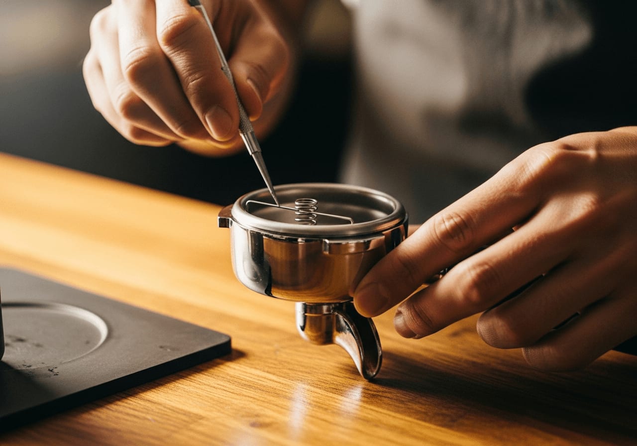 Barista-Hände tauschen mit Werkzeug die Haltefeder im Inneren eines massiven Chrom-Siebträgers auf einer Holz-Werkbank.