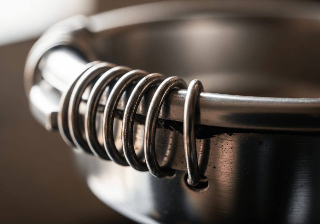 Detailansicht einer Haltefeder in der Rille eines Ridged-Siebträger-Korbes mit sichtbaren Kaffeeresten in der Vertiefung.