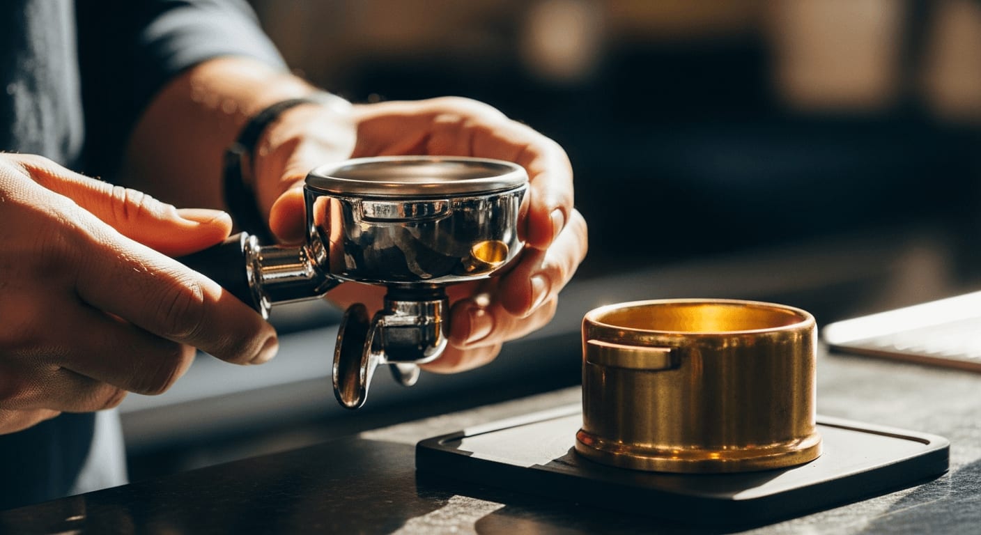 Barista-Hände halten einen glatten Ridgeless-Siebträger-Korb neben einem massiven Messing-Siebträger auf einer Café-Theke.