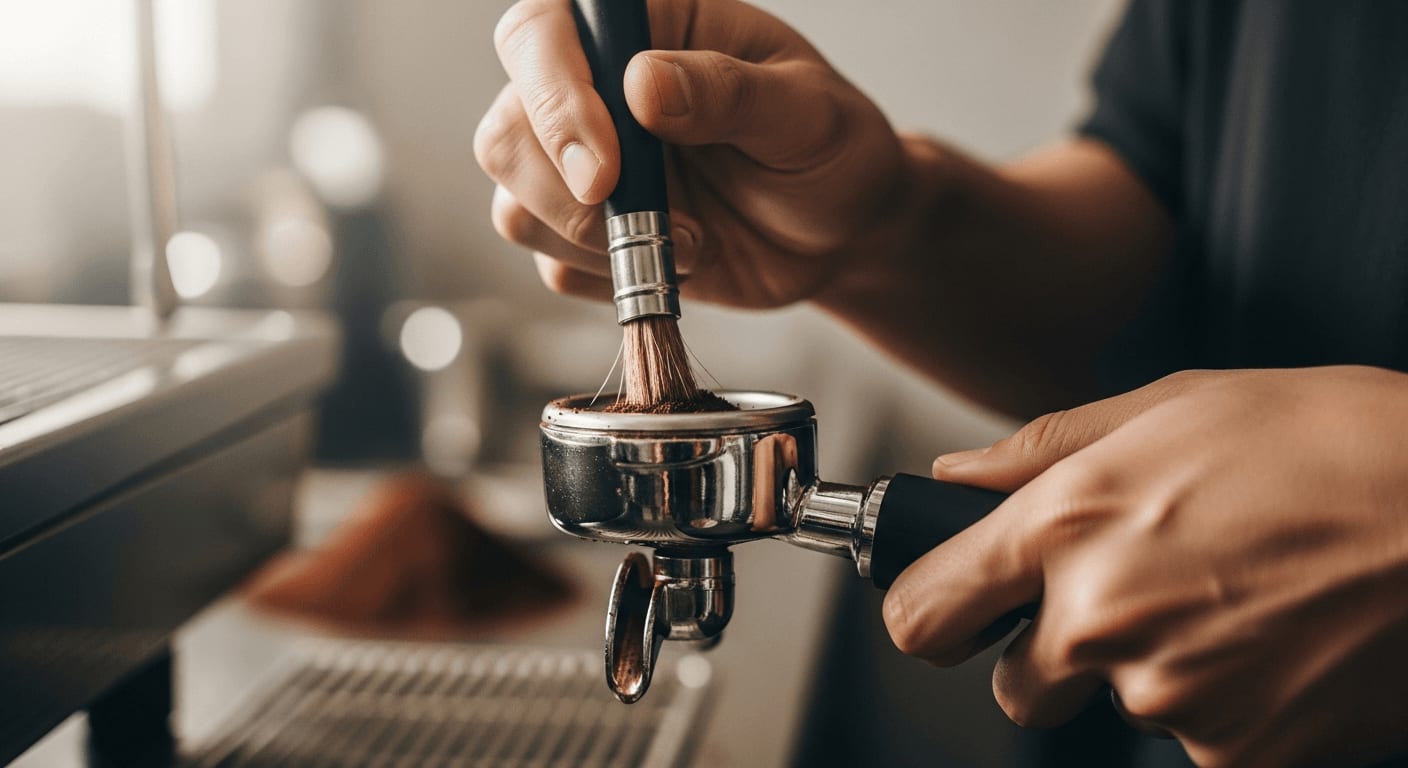 Nahaufnahme eines Barista, der einen Siebträger mit einer Bürste reinigt, mit sichtbarem Kaffeepulver, geringe Schärfentiefe, professionelle Barista-Umgebung