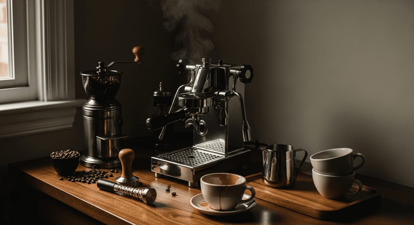 Stimmungsvolles, schwach beleuchtetes Heim-Espresso-Setup mit einer klassischen Handhebelmaschine, Zubehör ausgelegt, Leidenschaft für Kaffee zeigend, filmisch.